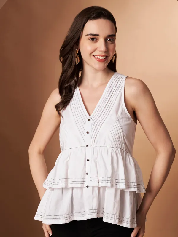 White_Sleeveless_Button-Front_Cotton_Peplum_Top_for_Women