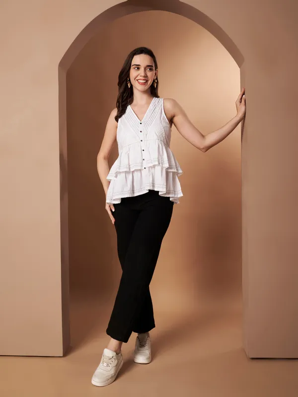 White_Sleeveless_Button-Front_Cotton_Peplum_Top_for_Women