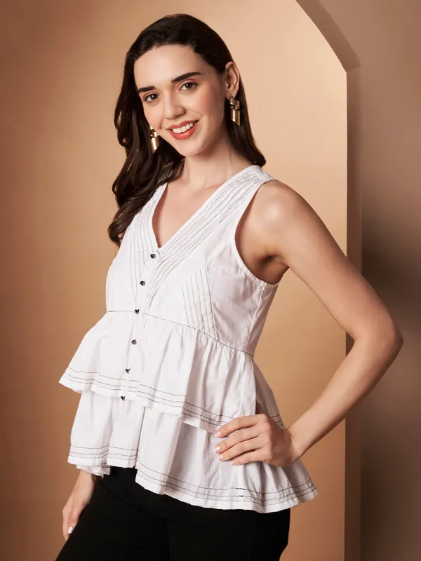 White_Sleeveless_Button-Front_Cotton_Peplum_Top_for_Women
