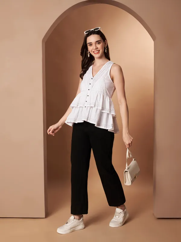 White_Sleeveless_Button-Front_Cotton_Peplum_Top_for_Women