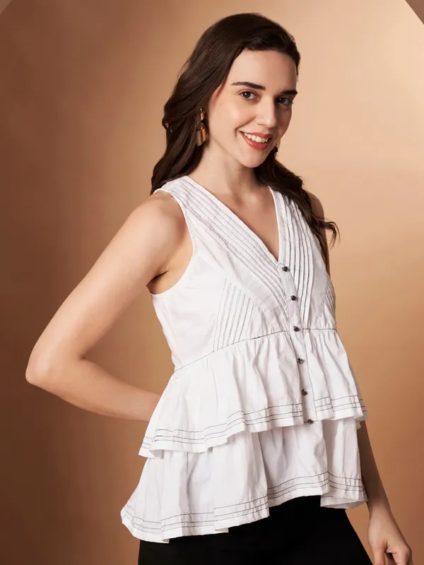 White_Sleeveless_Button-Front_Cotton_Peplum_Top_for_Women