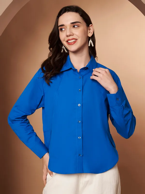 Women_Solid_Blue_Spread_Collar_Button-Down_Casual_Shirt