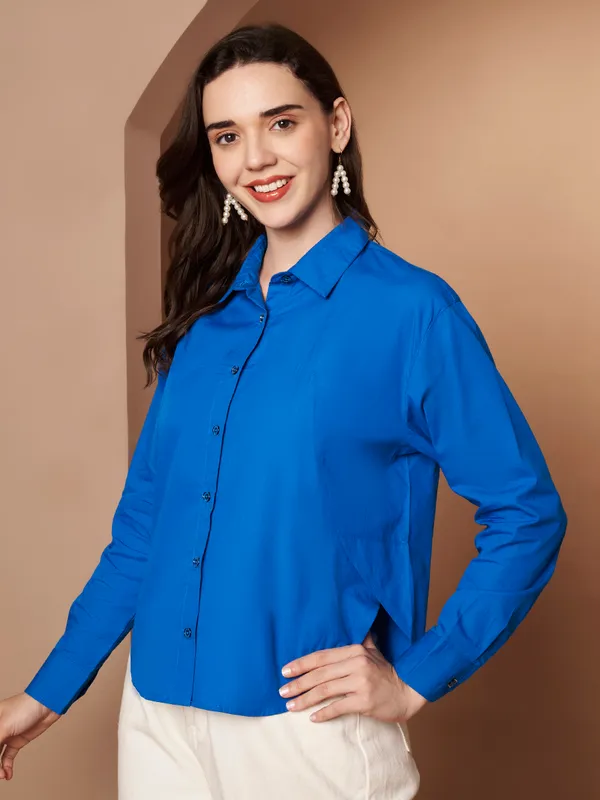 Women_Solid_Blue_Spread_Collar_Button-Down_Casual_Shirt