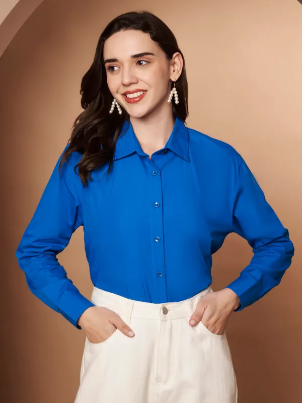 Women_Solid_Blue_Spread_Collar_Button-Down_Casual_Shirt