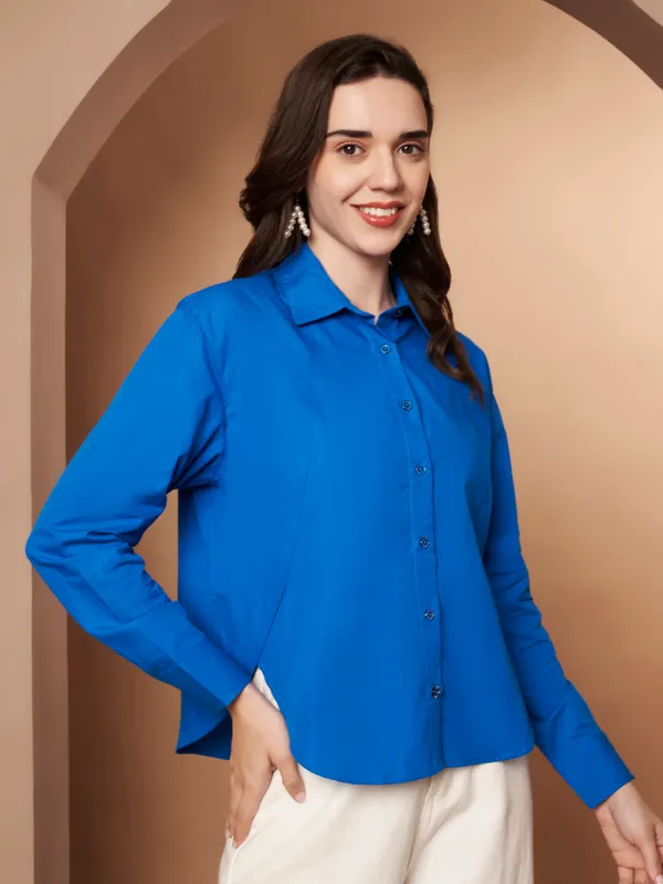 Women_Solid_Blue_Spread_Collar_Button-Down_Casual_Shirt