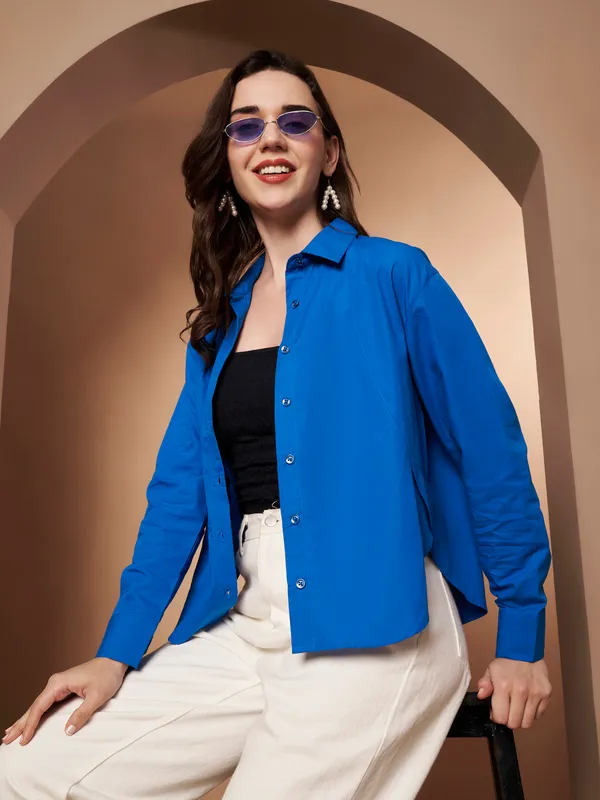 Women_Solid_Blue_Spread_Collar_Button-Down_Casual_Shirt