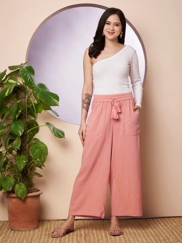 Women_Solid_Peach_Elastic_Waist_Wide_Leg_Palazzo_Pants