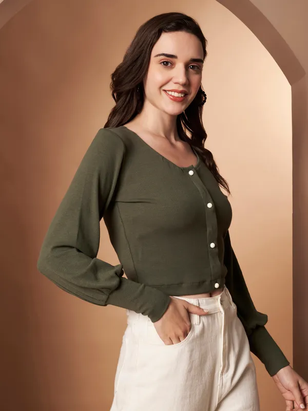 Women�s_Olive_100%_Cotton_Button-Down_Crop_Knit_Top
