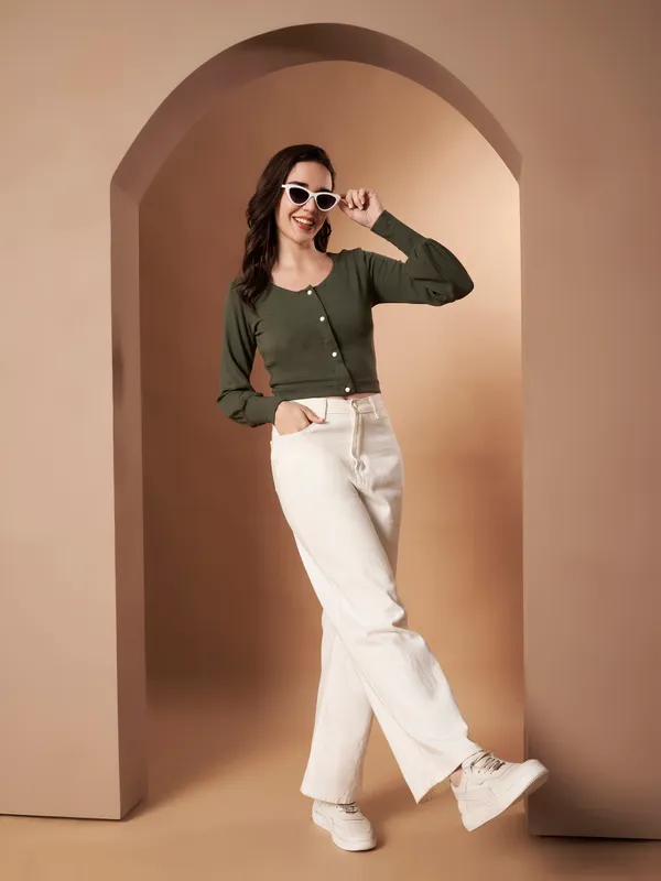 Women�s_Olive_100%_Cotton_Button-Down_Crop_Knit_Top