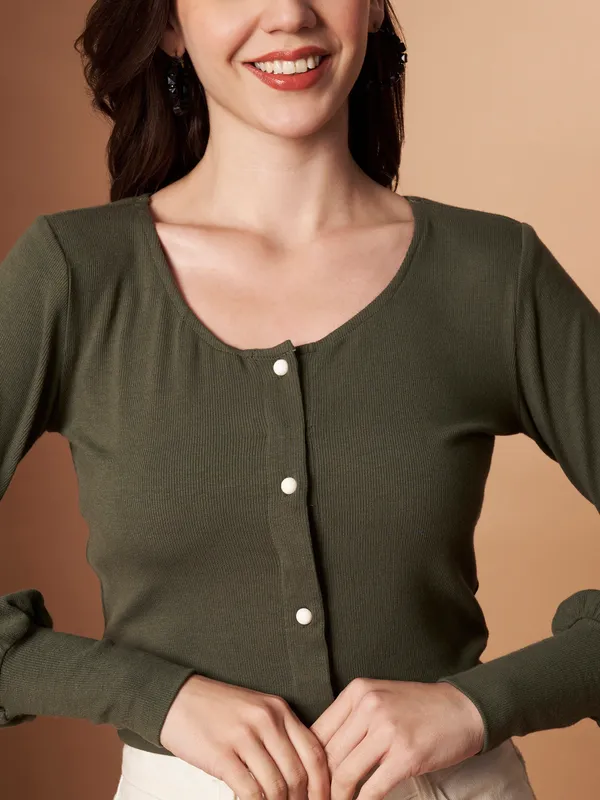 Women�s_Olive_100%_Cotton_Button-Down_Crop_Knit_Top
