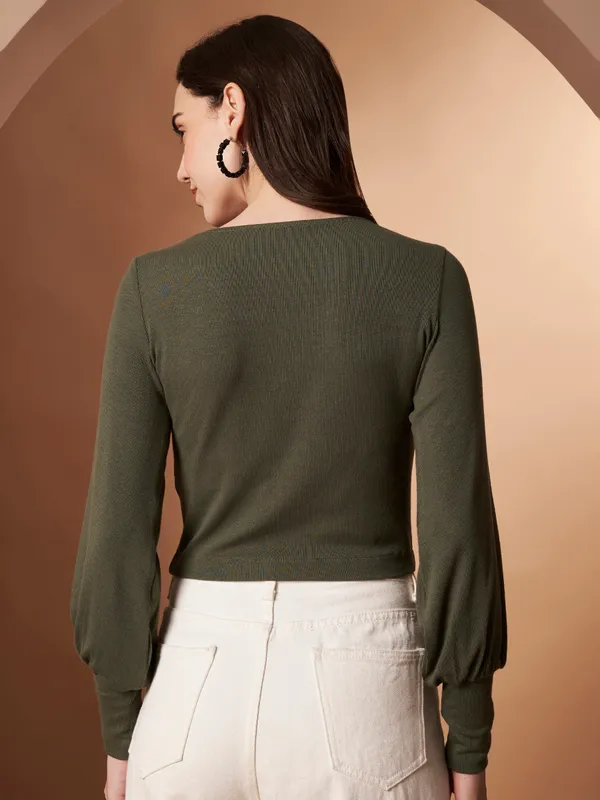 Women�s_Olive_100%_Cotton_Button-Down_Crop_Knit_Top