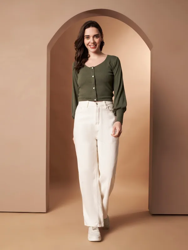 Women�s_Olive_100%_Cotton_Button-Down_Crop_Knit_Top
