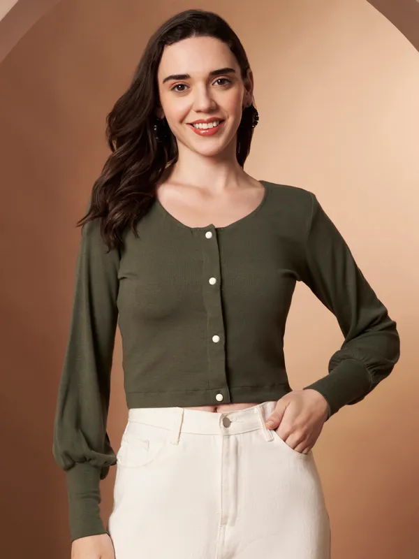 Women�s_Olive_100%_Cotton_Button-Down_Crop_Knit_Top