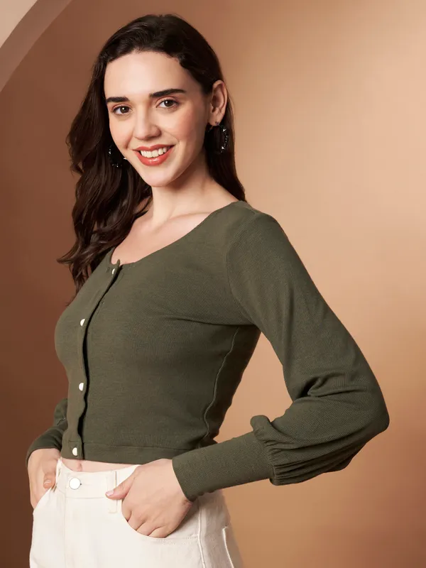 Women�s_Olive_100%_Cotton_Button-Down_Crop_Knit_Top
