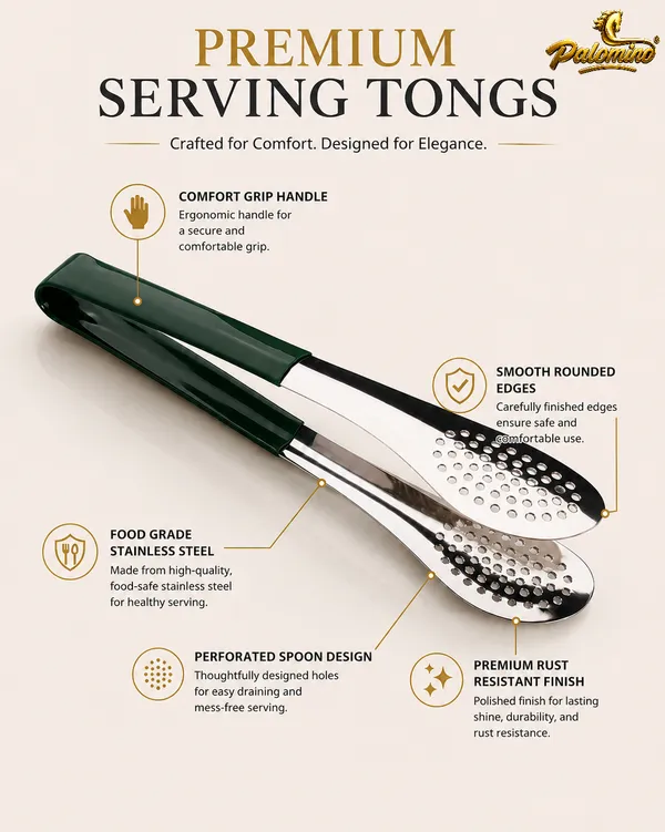 PALOMINO_Premium_Stainless_Steel_Serving_Tongs_|_26_cm_|_Food_Grade_(Green)_