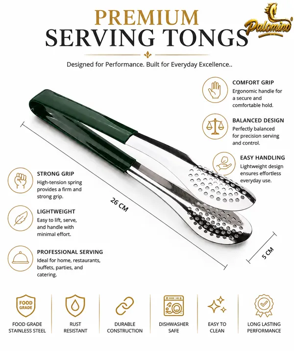 PALOMINO_Premium_Stainless_Steel_Serving_Tongs_|_26_cm_|_Food_Grade_(Green)_