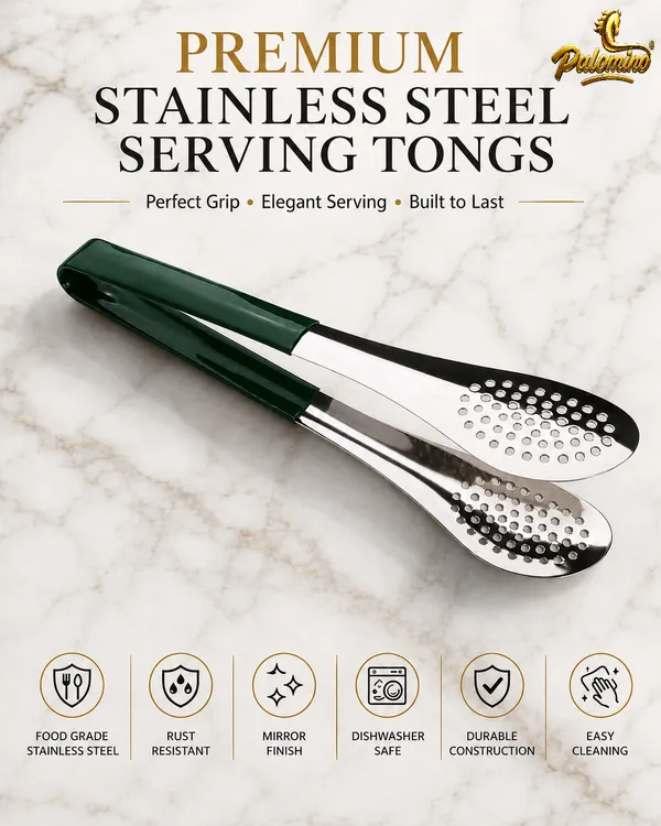 PALOMINO_Premium_Stainless_Steel_Serving_Tongs_|_26_cm_|_Food_Grade_(Green)_