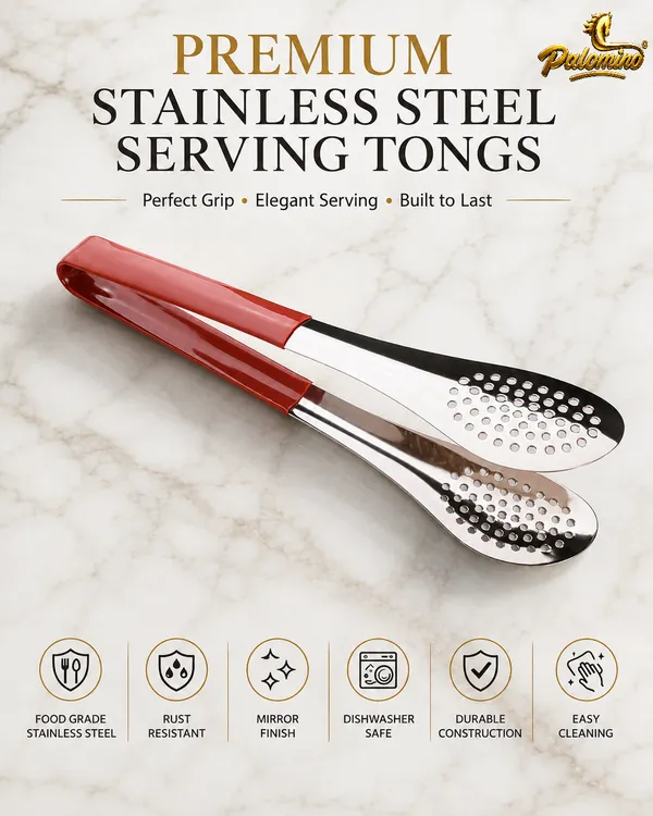 PALOMINO_Premium_Stainless_Steel_Serving_Tongs_|_26_cm_|_Food_Grade_(Red)_