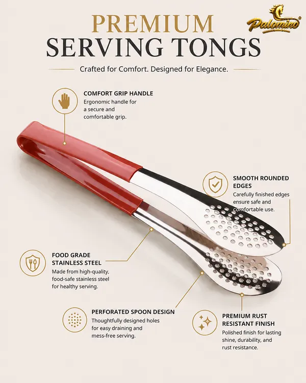 PALOMINO_Premium_Stainless_Steel_Serving_Tongs_|_26_cm_|_Food_Grade_(Red)_