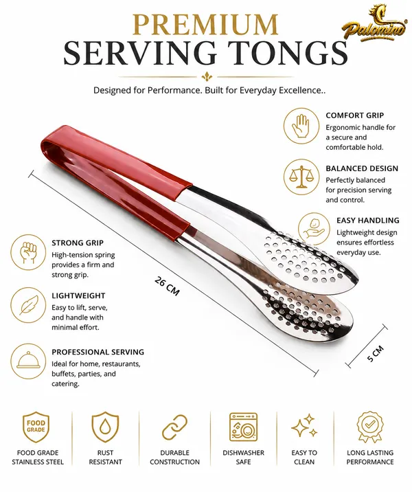 PALOMINO_Premium_Stainless_Steel_Serving_Tongs_|_26_cm_|_Food_Grade_(Red)_