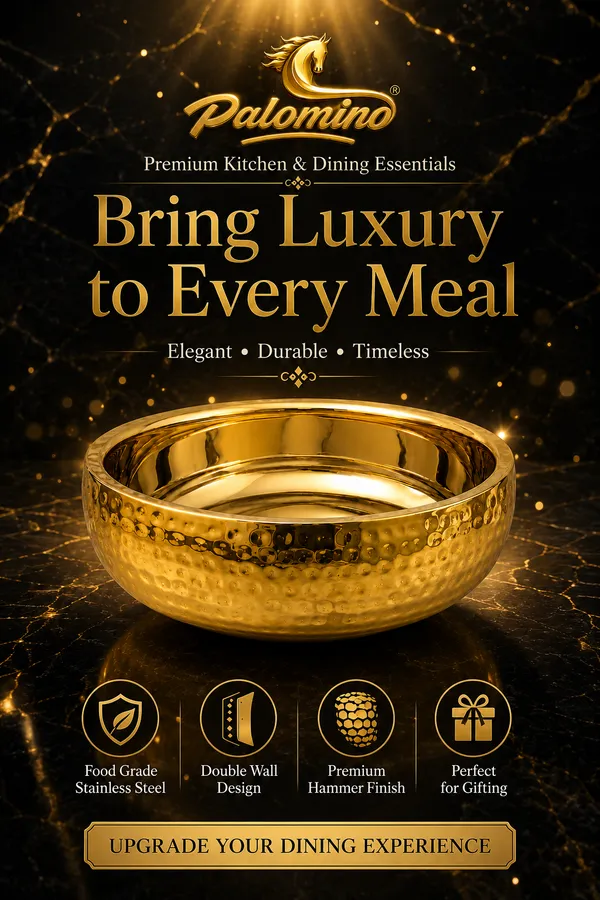 PALOMINO_Stainless_Steel_Double_Wall_Serving_Bowl_(Hammer_Design),_24_CM_Diameter_|_Gold_Mirror_Finish_|_Food_Grade_Stainless_Steel_|_Premium_Insulated_Serving_Bowl_for_Rice,_Curry,_Biryani,_Salad,_Snacks_&_Desserts_|_9.5_CM_Height