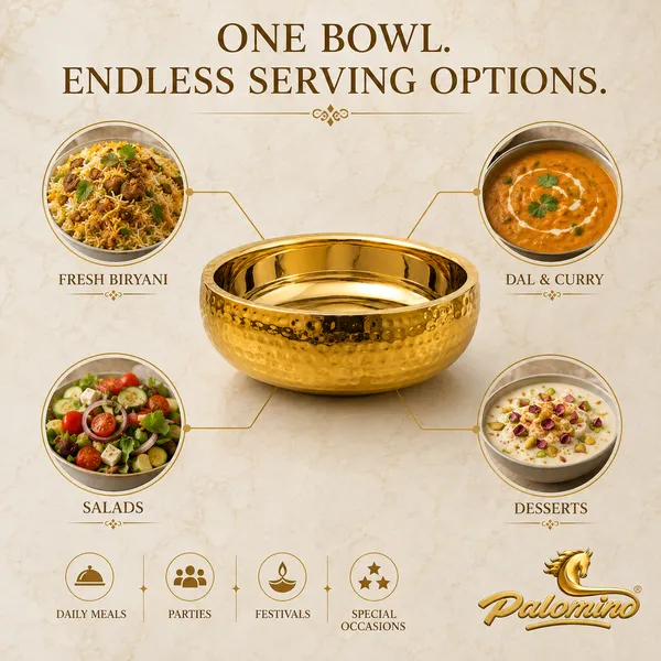 PALOMINO_Stainless_Steel_Double_Wall_Serving_Bowl_(Hammer_Design),_24_CM_Diameter_|_Gold_Mirror_Finish_|_Food_Grade_Stainless_Steel_|_Premium_Insulated_Serving_Bowl_for_Rice,_Curry,_Biryani,_Salad,_Snacks_&_Desserts_|_9.5_CM_Height