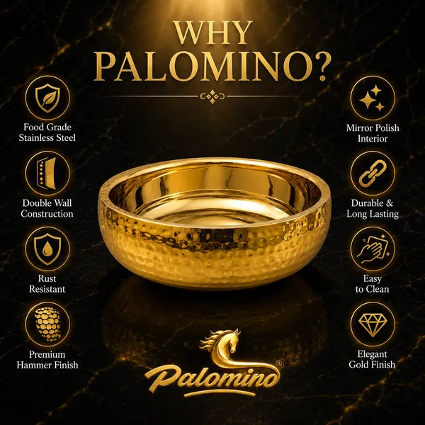 PALOMINO_Stainless_Steel_Double_Wall_Serving_Bowl_(Hammer_Design),_24_CM_Diameter_|_Gold_Mirror_Finish_|_Food_Grade_Stainless_Steel_|_Premium_Insulated_Serving_Bowl_for_Rice,_Curry,_Biryani,_Salad,_Snacks_&_Desserts_|_9.5_CM_Height