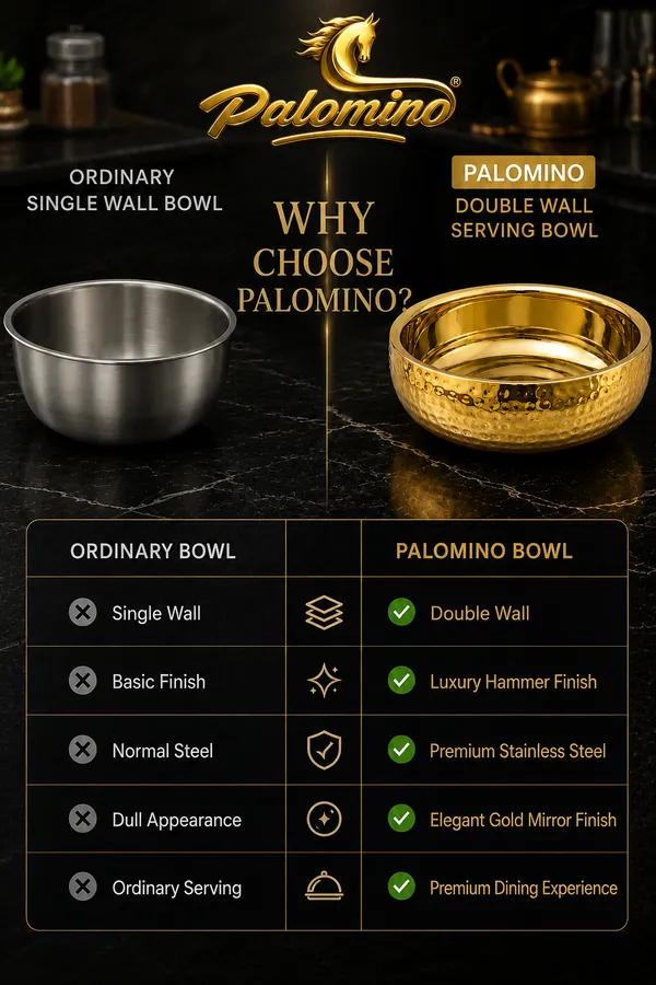PALOMINO_Stainless_Steel_Double_Wall_Serving_Bowl_(Hammer_Design),_24_CM_Diameter_|_Gold_Mirror_Finish_|_Food_Grade_Stainless_Steel_|_Premium_Insulated_Serving_Bowl_for_Rice,_Curry,_Biryani,_Salad,_Snacks_&_Desserts_|_9.5_CM_Height
