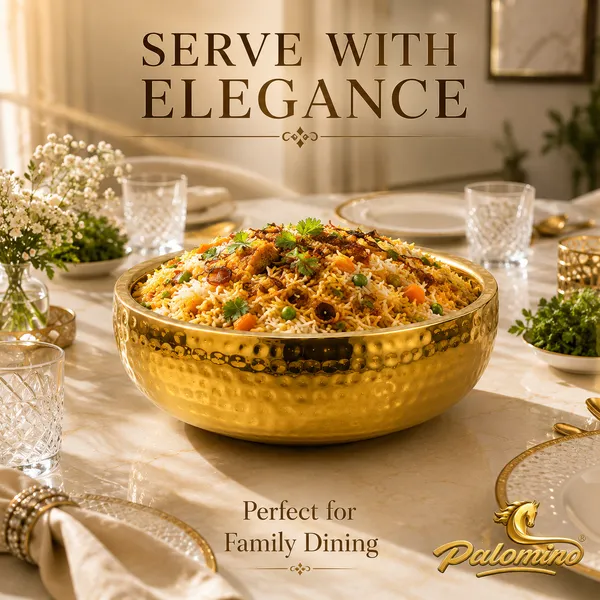 PALOMINO_Stainless_Steel_Double_Wall_Serving_Bowl_(Hammer_Design),_24_CM_Diameter_|_Gold_Mirror_Finish_|_Food_Grade_Stainless_Steel_|_Premium_Insulated_Serving_Bowl_for_Rice,_Curry,_Biryani,_Salad,_Snacks_&_Desserts_|_9.5_CM_Height