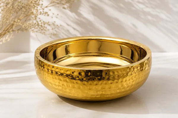PALOMINO_Stainless_Steel_Double_Wall_Serving_Bowl_(Hammer_Design),_24_CM_Diameter_|_Gold_Mirror_Finish_|_Food_Grade_Stainless_Steel_|_Premium_Insulated_Serving_Bowl_for_Rice,_Curry,_Biryani,_Salad,_Snacks_&_Desserts_|_9.5_CM_Height