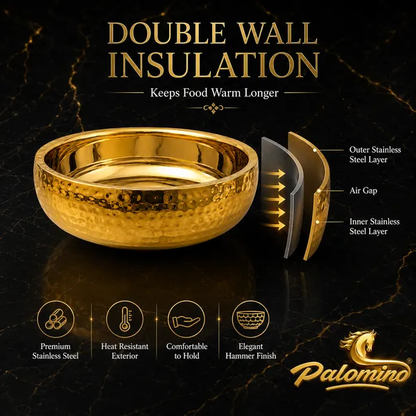 PALOMINO_Stainless_Steel_Double_Wall_Serving_Bowl_(Hammer_Design),_24_CM_Diameter_|_Gold_Mirror_Finish_|_Food_Grade_Stainless_Steel_|_Premium_Insulated_Serving_Bowl_for_Rice,_Curry,_Biryani,_Salad,_Snacks_&_Desserts_|_9.5_CM_Height