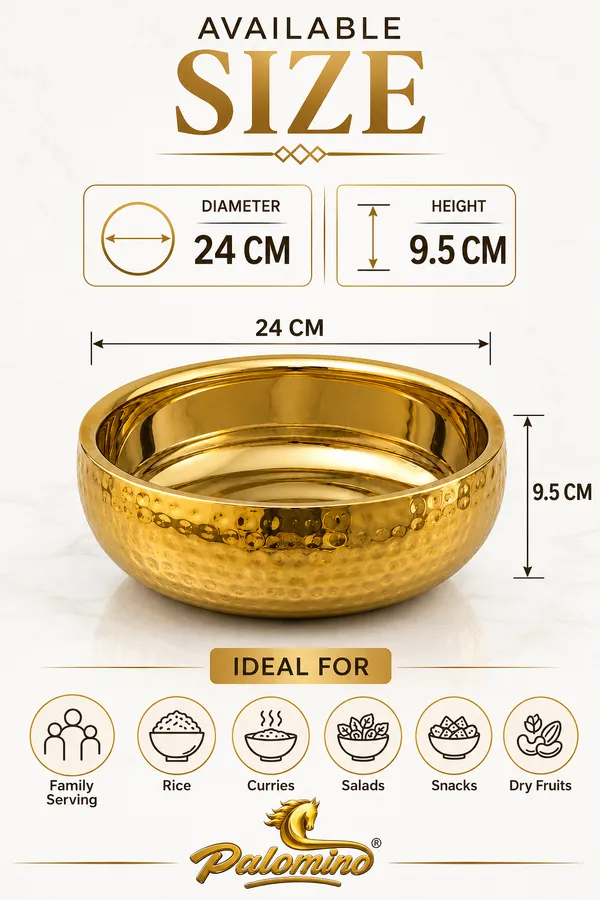 PALOMINO_Stainless_Steel_Double_Wall_Serving_Bowl_(Hammer_Design),_24_CM_Diameter_|_Gold_Mirror_Finish_|_Food_Grade_Stainless_Steel_|_Premium_Insulated_Serving_Bowl_for_Rice,_Curry,_Biryani,_Salad,_Snacks_&_Desserts_|_9.5_CM_Height
