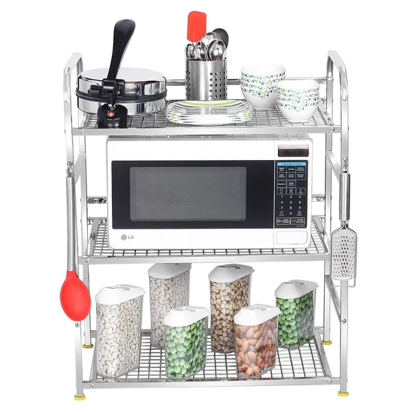 Kitchen_Microwave_Shelf,_Stand_Kitchen_Counter_Shelf_Organizer,_Microwave_Oven_Rack,_3_Tiers_with_2_Hooks_(75_x_38_x_11_cm,_Stainless_Steel,_Tiered_Shelf)