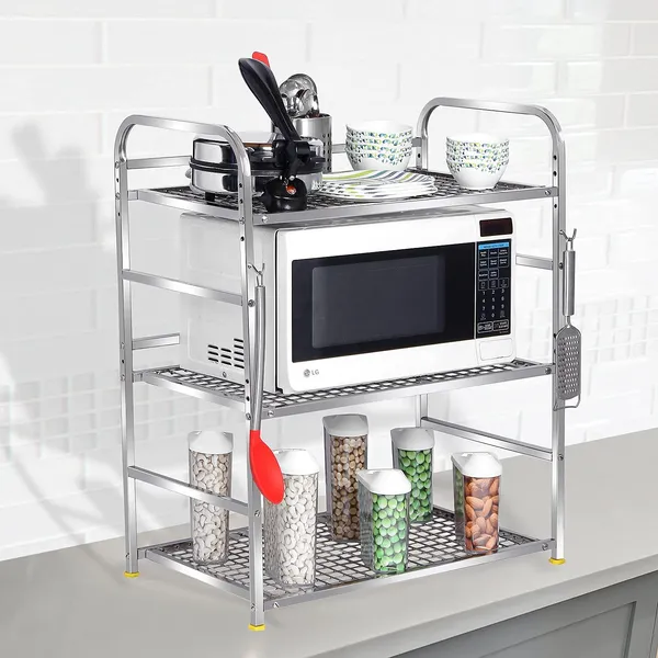 Kitchen_Microwave_Shelf,_Stand_Kitchen_Counter_Shelf_Organizer,_Microwave_Oven_Rack,_3_Tiers_with_2_Hooks_(75_x_38_x_11_cm,_Stainless_Steel,_Tiered_Shelf)