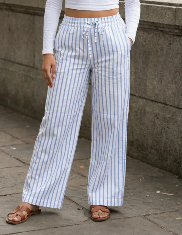 White_And_Blue_Cotton_High-Rise_Striped_Straight_Leg_Trousers_For_Women