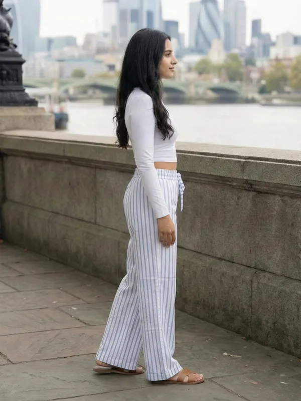 White_And_Blue_Cotton_High-Rise_Striped_Straight_Leg_Trousers_For_Women