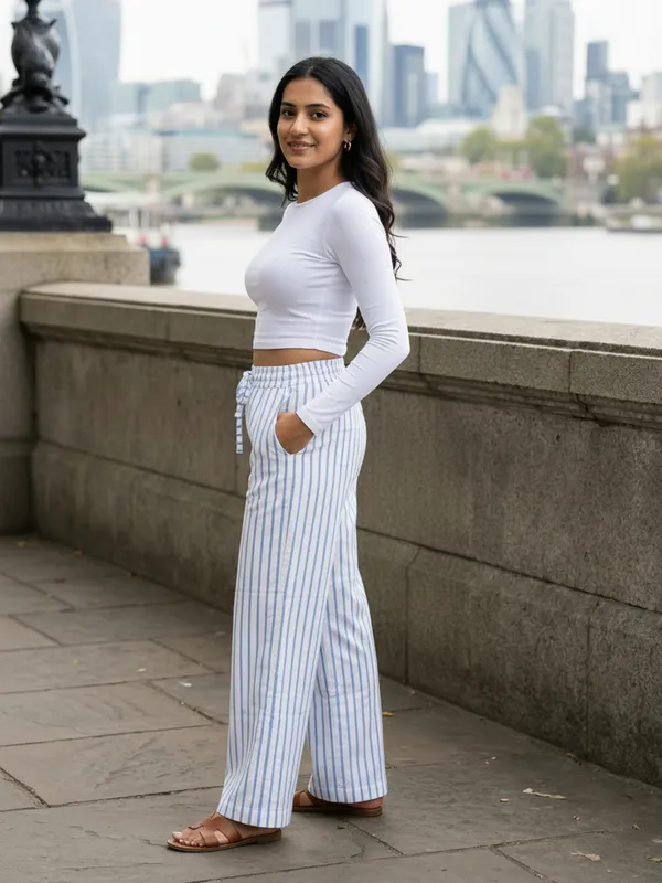 White_And_Blue_Cotton_High-Rise_Striped_Straight_Leg_Trousers_For_Women
