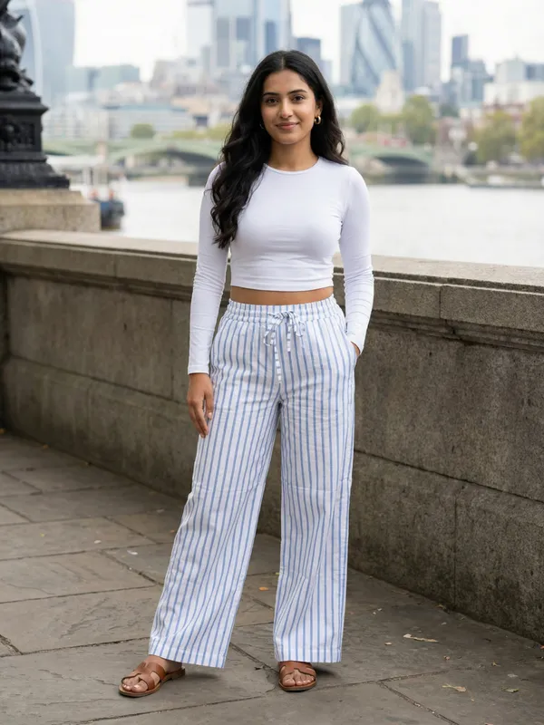 White_And_Blue_Cotton_High-Rise_Striped_Straight_Leg_Trousers_For_Women