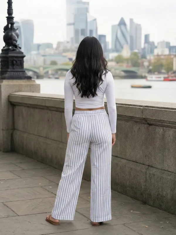 White_And_Blue_Cotton_High-Rise_Striped_Straight_Leg_Trousers_For_Women