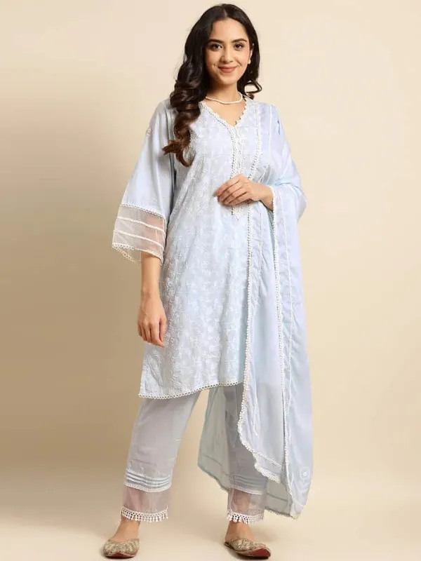 Sky_Blue_Short_Embroidered_Cotton_Kurta_with_Lace_Pant_-_Set_of_2_-_XXL