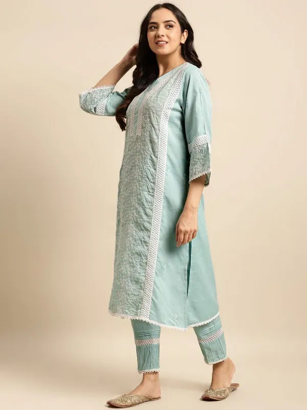 Sea_Green_Embroidered_Cotton_Kurta_with_Lace_Pant_-_Set_of_2_-_XXL