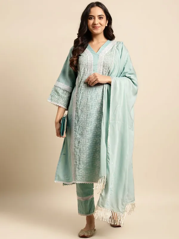 Sea_Green_Embroidered_Cotton_Kurta_with_Lace_Pant_and_Embroidered_Dupatta_-_Set_of_3_-_XXL