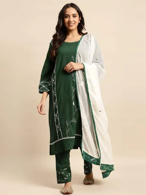 Royal_Green_Patch_Work_Embroidered_Cotton_Kurta_with_Embroidered_Pant_and_Dupatta_-_Set_of_3_-_XXL