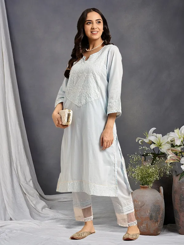 Blue_Short_Panel_Embroidered_Cotton_Kurta_with_Lace_Pant_-_Set_of_2_-_XXL