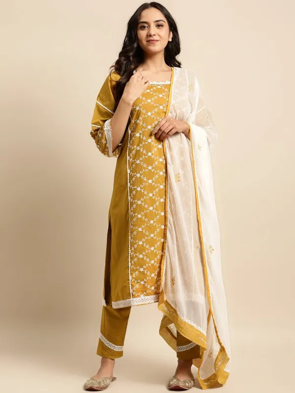 Mustard_Embroidered_Cotton_Kurta_with_Lace_Pant_-_Set_of_2_-_XXL