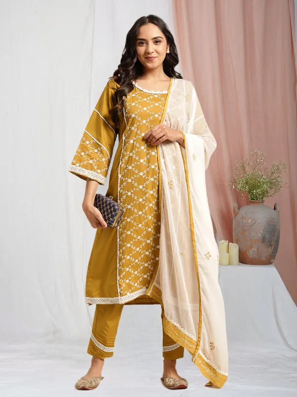 Mustard_Embroidered_Cotton_Kurta_with_Lace_Pant_and_Embroidered_Dupatta_-_Set_of_3_-_XXL