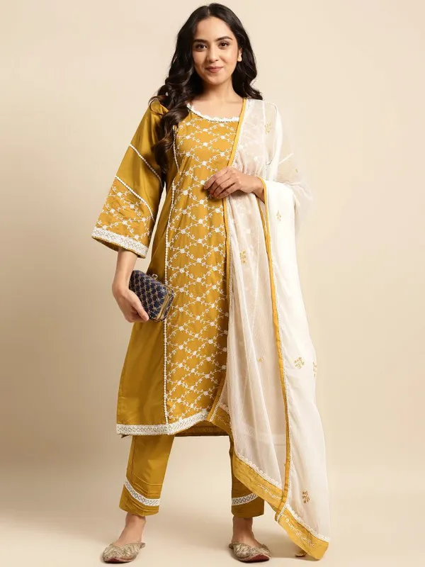 Mustard_Embroidered_Cotton_Kurta_-_XXL