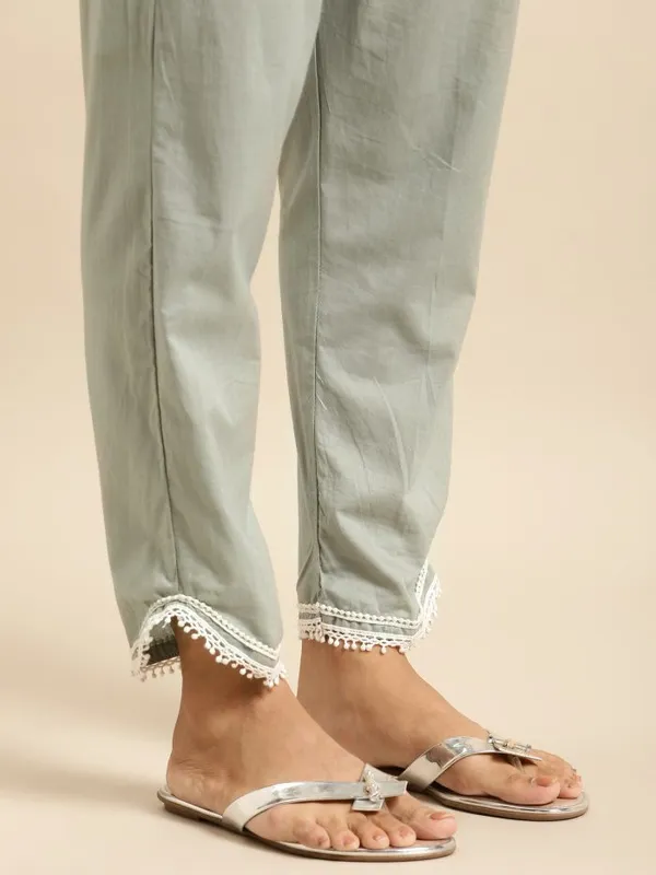 Olive_Green_Embroidered_Cotton_Kurta_with_Lace_Pant_-_Set_of_2_-_XXL