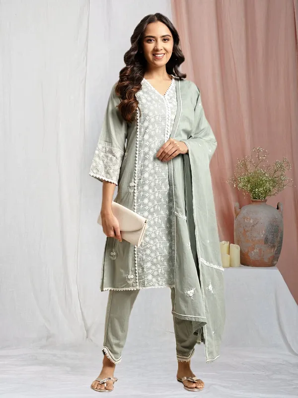 Olive_Green_Embroidered_Cotton_Kurta_with_Lace_Pant_and_Embroidered_Dupatta_-_Set_of_3_-_XXL