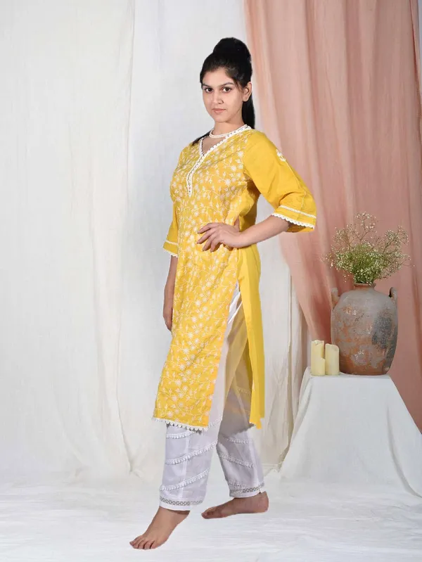 Yellow_Embroidered_Cotton_Kurta_with_Lace_Pant_-_Set_of_2_-_XXL